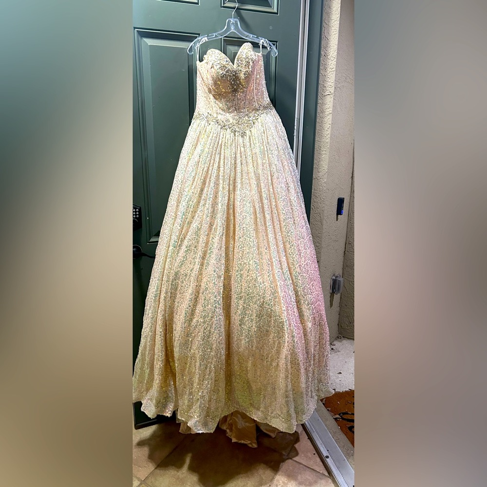Sweet 16 gown, iridescent. Matching crown and necklace. Crinoline not included